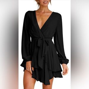 Elegant Black Fit & Flare Skater Dress/Wrap Dress - Large - Long Sleeve - Black